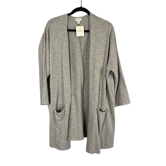 Donni Sweater Women OS Gray Open Front Striped Cardigan Ribbed Texture Neutral - Picture 1 of 11